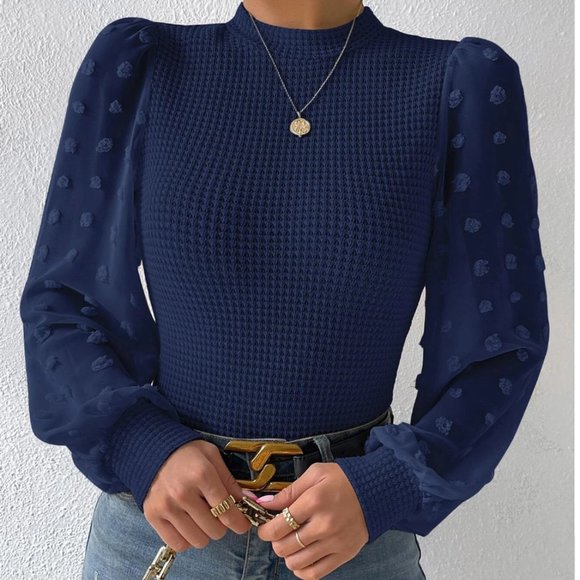 Swiss Dot Lantern Sleeve Mock Neck Top - Picture 3 of 6